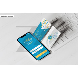 فایل لایه باز موکاپ کارت ویزیت با صفحه نمایش گوشی موبایل و کیبورد