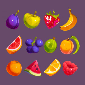 مجموعه 12 عددی آیکون طرح میوه های مختلف با پس زمینه تیره